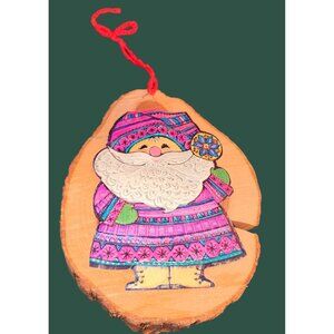 Decorative Santa Claus Wood Slice Ornament With Hand-Painted Design  Red Yarn Ha
